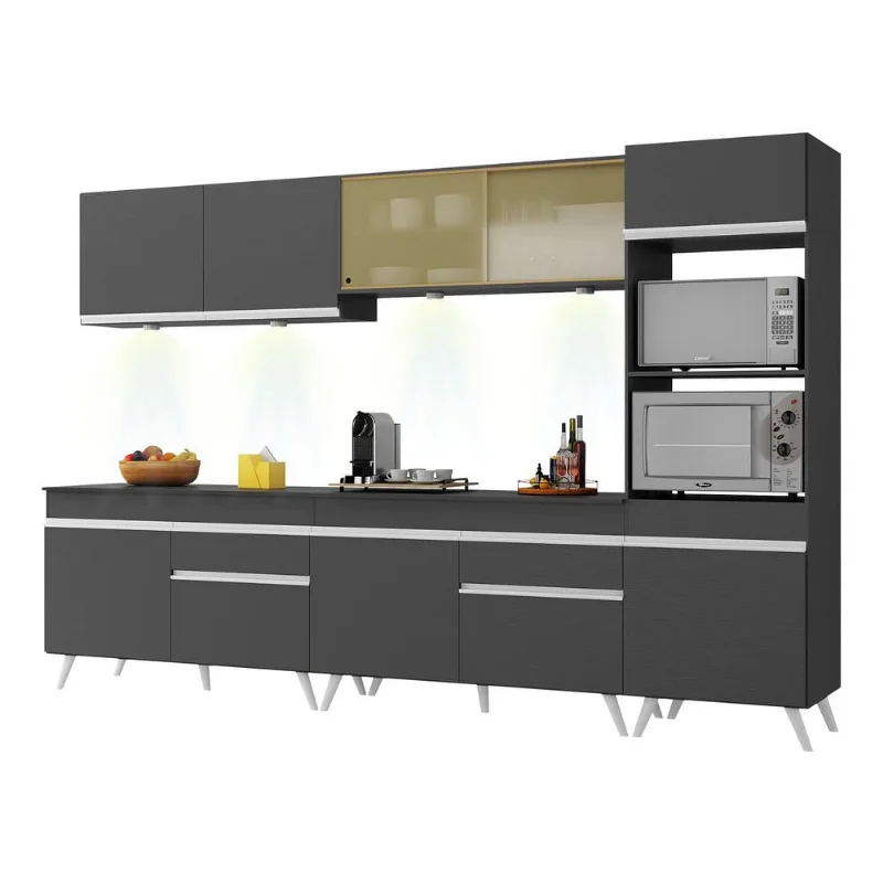 Armário de Cozinha Completa 5 peças com Leds MP2014.898 Veneza Up Multimóveis Preto - Multimóveis