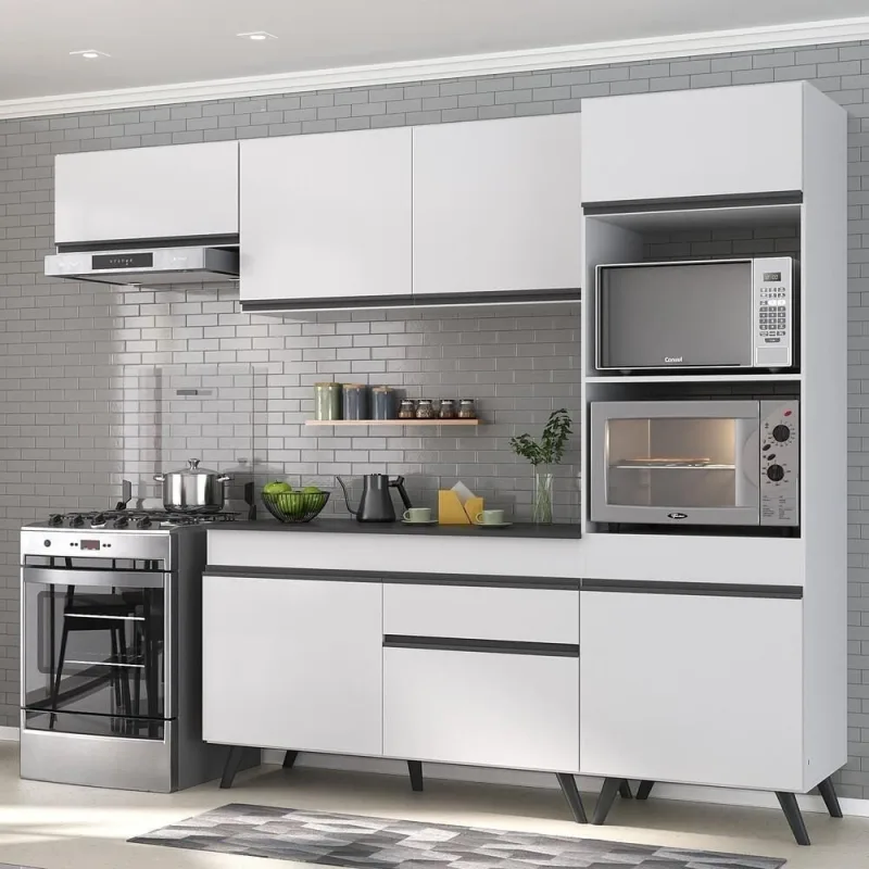 Cozinha Compacta Mp3690 7 Portas 1 Gaveta MDP 252 cm Branco com Balcão e Armário para Forno - Multimóveis
