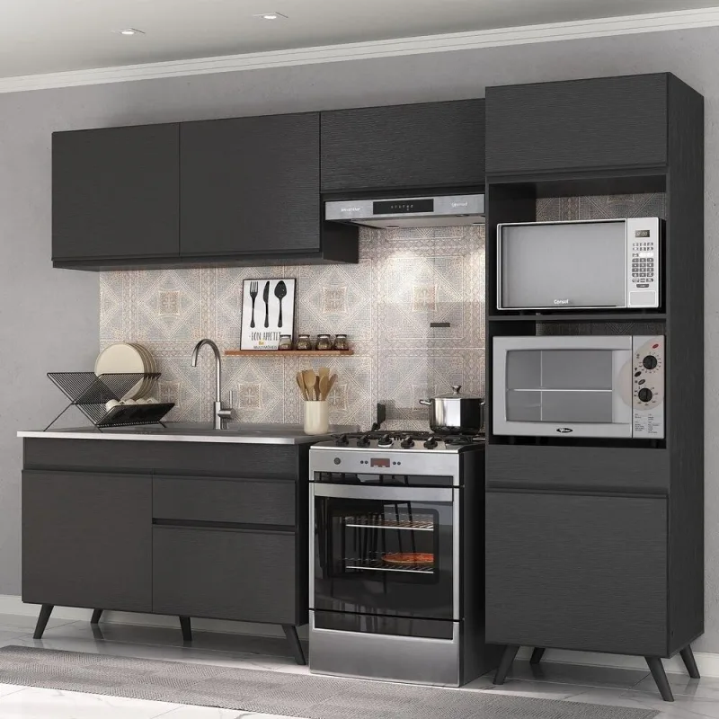 Cozinha Compacta Mp3693 7 Portas 1 Gaveta MDP 252 cm Preto com Nicho para Forno e Microondas - OUTRAS - Agro