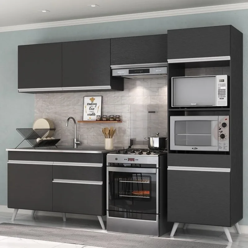 Cozinha Compacta Mp3693 7 Portas 1 Gaveta MDP 252 cm Preto com Balcão e Armário para Microondas - Multimóveis - Agro