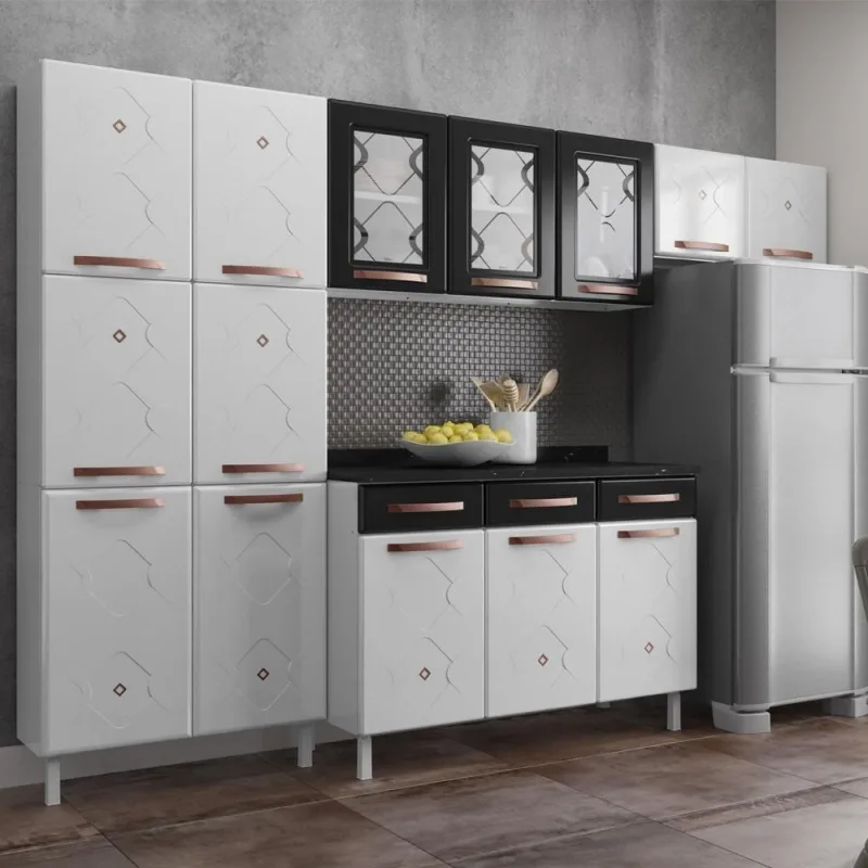 Cozinha De Aço Completa Com Balcão Glass Branco preto - OUTRAS - Móveis