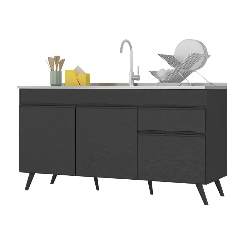 Balcão Cozinha Gabinete Pia 150 cm 3 Portas 1 Gaveta Veneza Multimóveis MP2072.895 Preto - Multimóveis