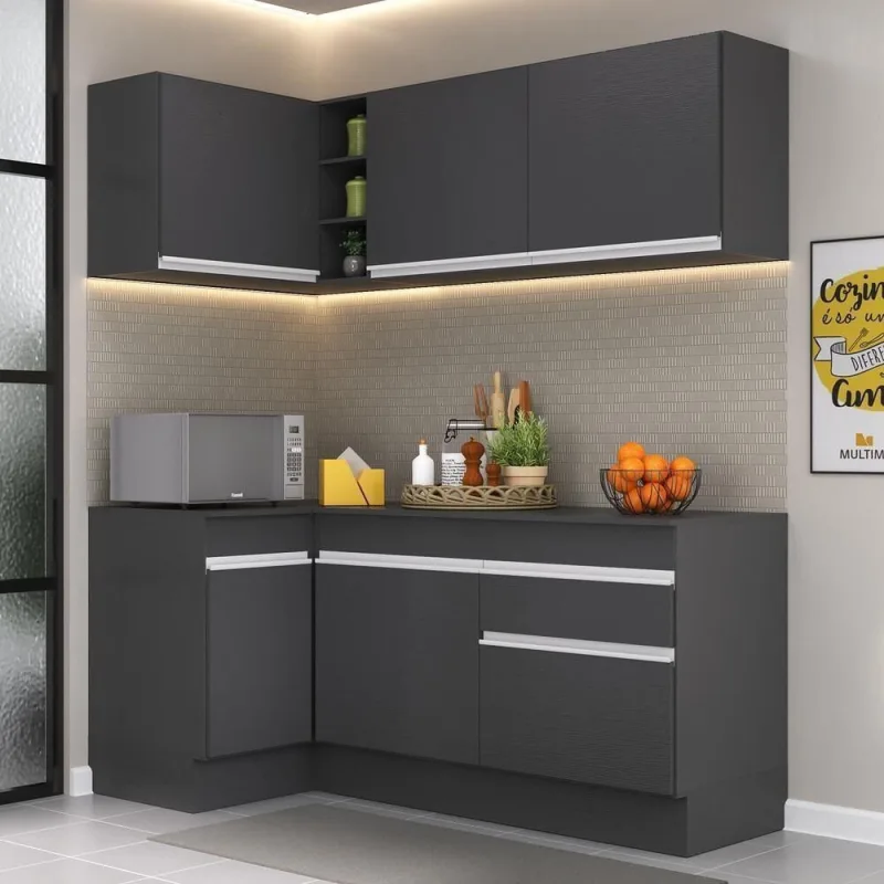 Cozinha Compacta de Canto Mp2092 6 Portas 1 Gaveta Mdf 90cm Preto Branco com Rodapé - OUTRAS - Agro