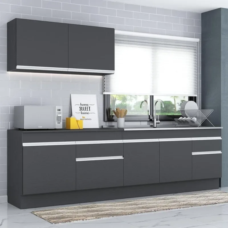 Cozinha Compacta Mp2111 7 Portas 2 Gavetas Mdf 270cm Preto Branco com Rodapé - Multimóveis