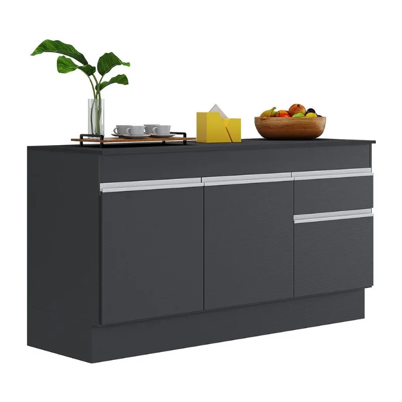 Balcão Cozinha c/ Rodapé Gabinete Pia 150cm 3 Ptas 1 Gav Veneza Multimóveis MP2107.898 Preto/Branco