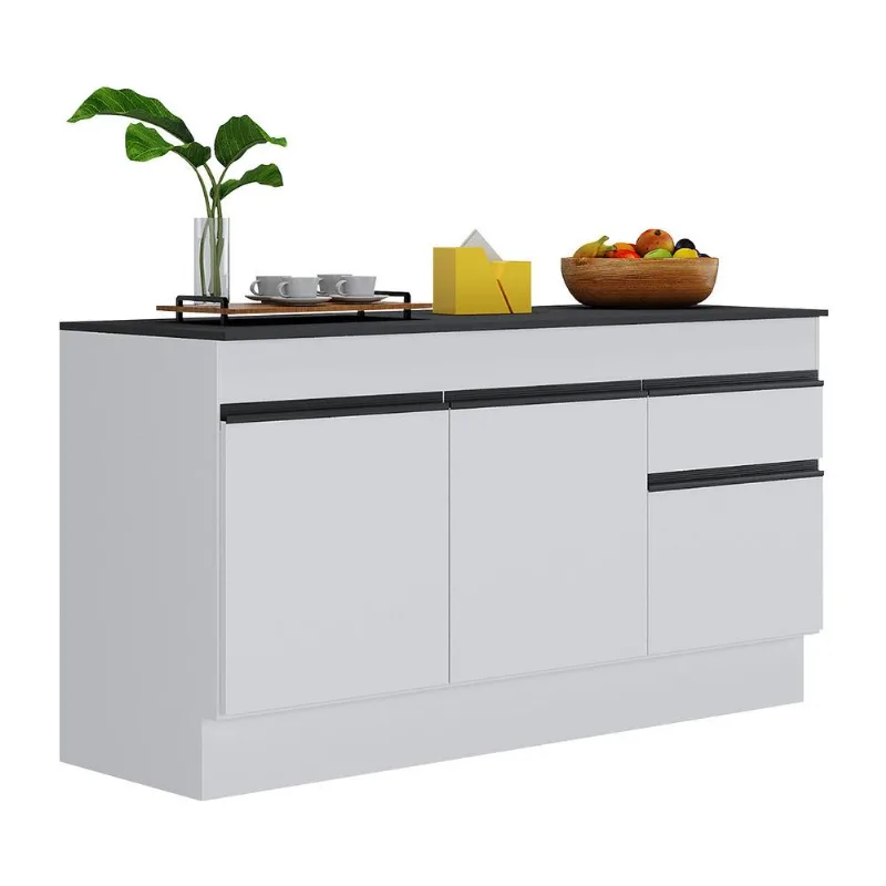 Balcão Cozinha c/ Rodapé Gabinete Pia 150cm 3 Ptas 1 Gav Veneza Multimóveis MP2107.964 Branco/Preto - Multimóveis