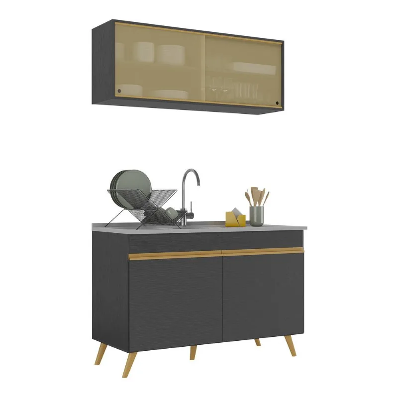 Armário de Cozinha Compacta 2 peças Veneza Multimóveis MP2140.130 Preto - Multimóveis