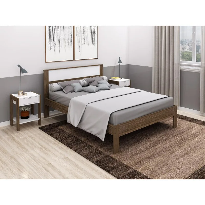 Cama de Casal para Colchão 138 x 188 cm Multimóveis CR35009 Nogal/Branca - Multimóveis