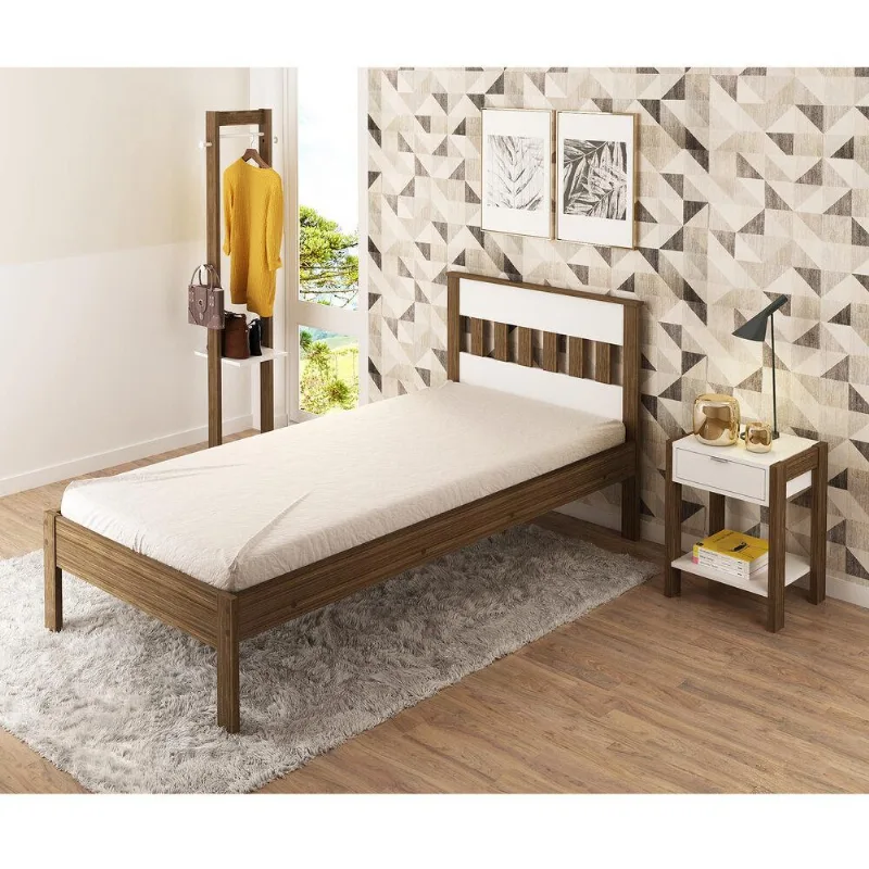 Cama de Solteiro para Colchão 88 x 188 cm Multimóveis CR35010 Nogal/Branca - Multimóveis