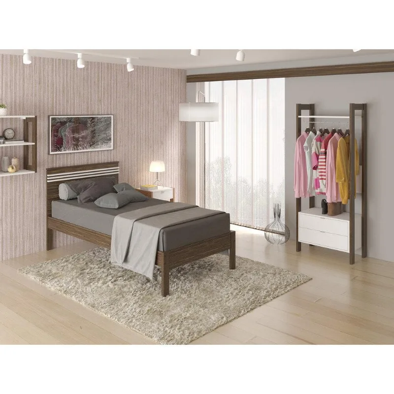 Cama de Solteiro para Colchão 88 x 188 cm Multimóveis CR35014 Nogal/Branca - Multimóveis