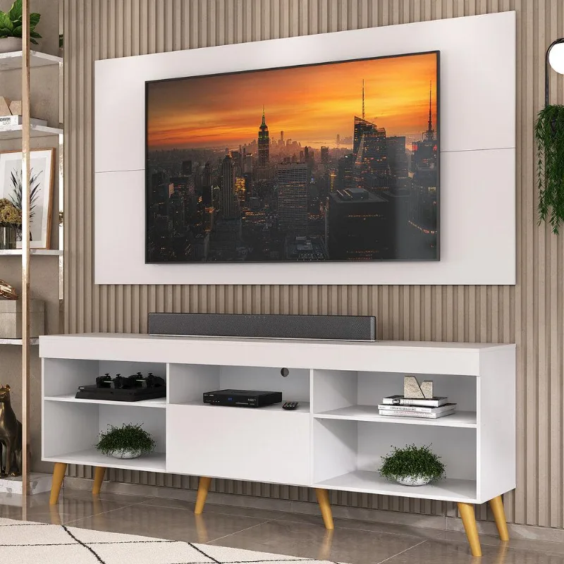 Rack com Painel e Suporte TV 65" Retrô Flórida Up Multimóveis MP1043 Branco/Natural - Multimóveis