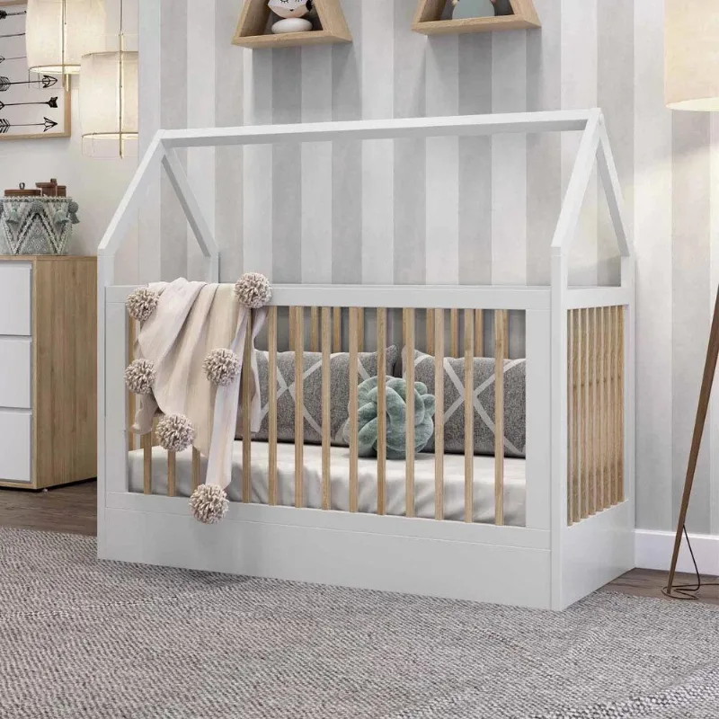 Berço Infantil Montessoriano Wood Divicar Branco Acetinado/Carvalho Treviso - Multimóveis