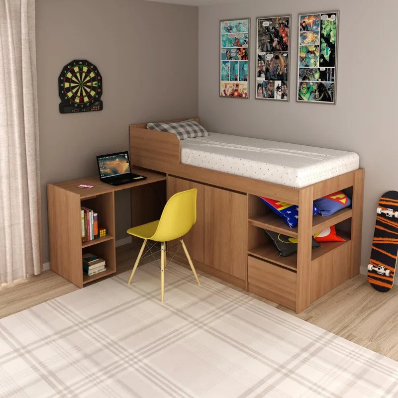 Cama Solteiro com Escrivaninha para Colchão 88 x 188 cm Multimóveis CR35067 Amêndoa - Multimóveis