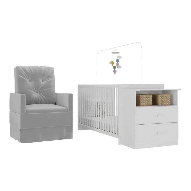 Berço Cômoda com Colchão Incluso e Poltrona de Amamentação Meu Bebê Multimóveis MP4090 - Multimóveis