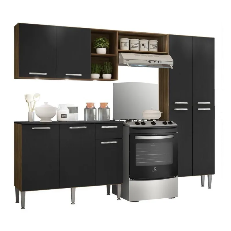Cozinha Compacta Pequim 9 Portas 1 Gaveta MDF 228cm Marrom Nogueira Preta - Multimóveis - Agro