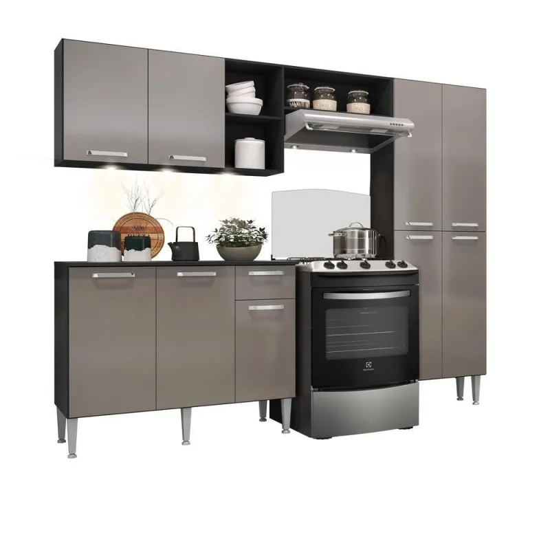 Cozinha Compacta Pequim 9 Portas 1 Gaveta MDF 228 cm Preta Lacca Fumê - Multimóveis