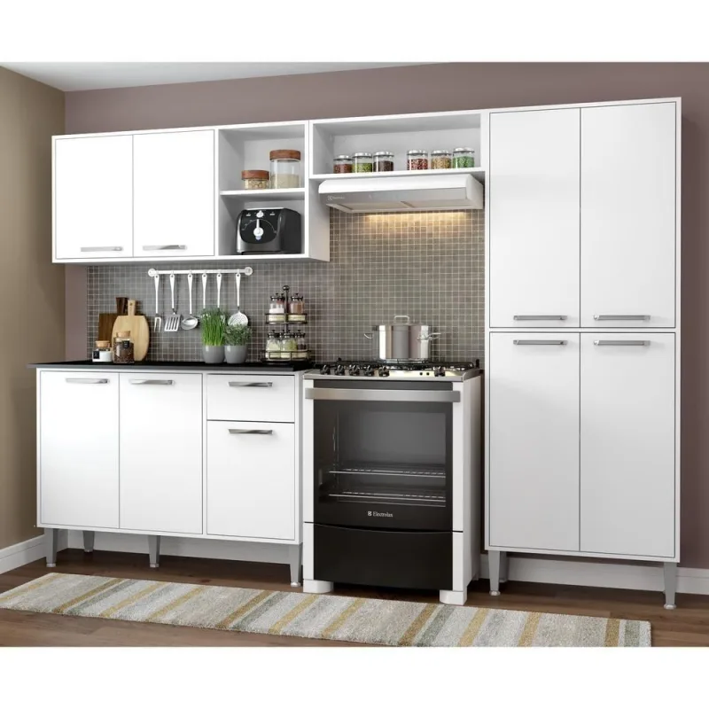 Cozinha Compacta com Armário e Balcão Xangai 9 Portas 1 Gaveta MDF 231cm Branca - Multimóveis