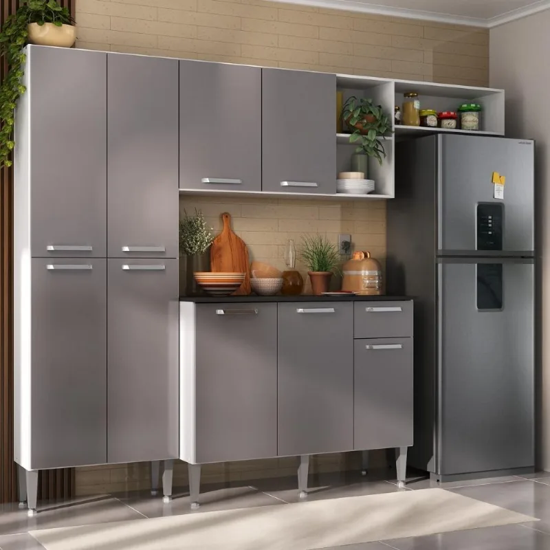 Armário de Cozinha Compacta 228cm com Balcão Multimóveis MP2933 Branco/Lacca Fumê