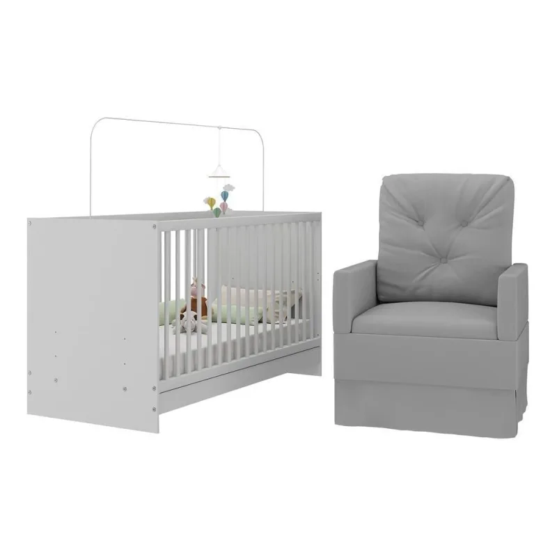 Berço Multifuncional 3 em 1 Mp4141 em MDP Branco Cinza com Poltrona para Amamentação - OUTRAS - Móveis