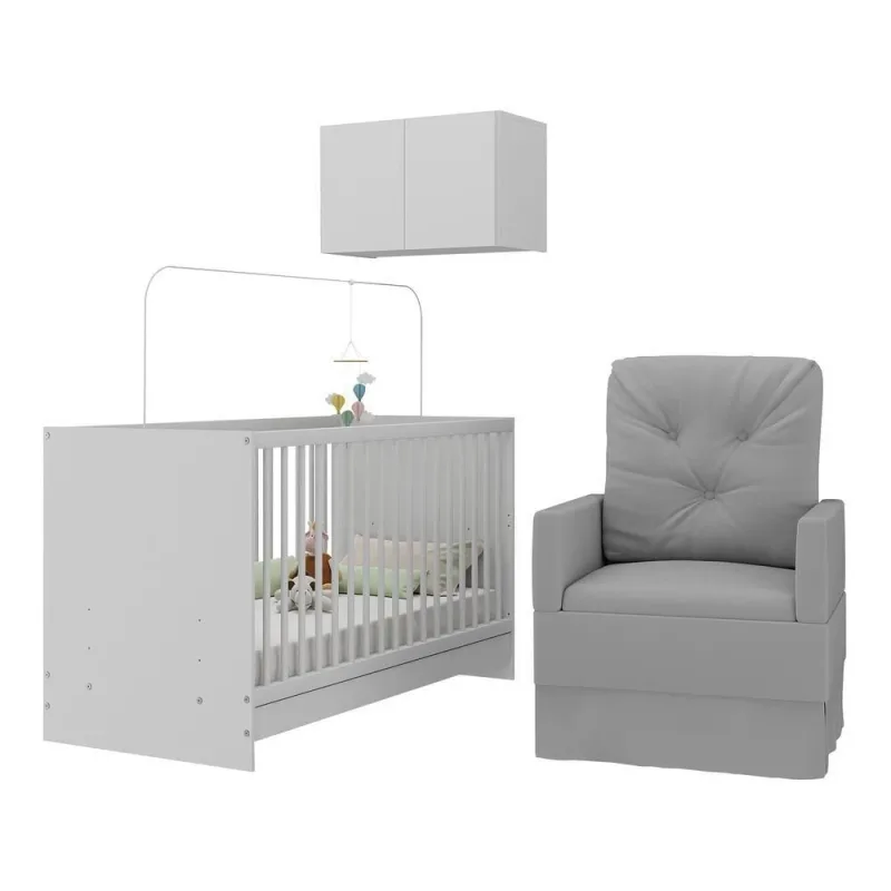 Berço Mp4147 3 em 1 com Poltrona e Armário Aéreo 2 Portas MDP 133cm Branco Multimóveis - Multimóveis