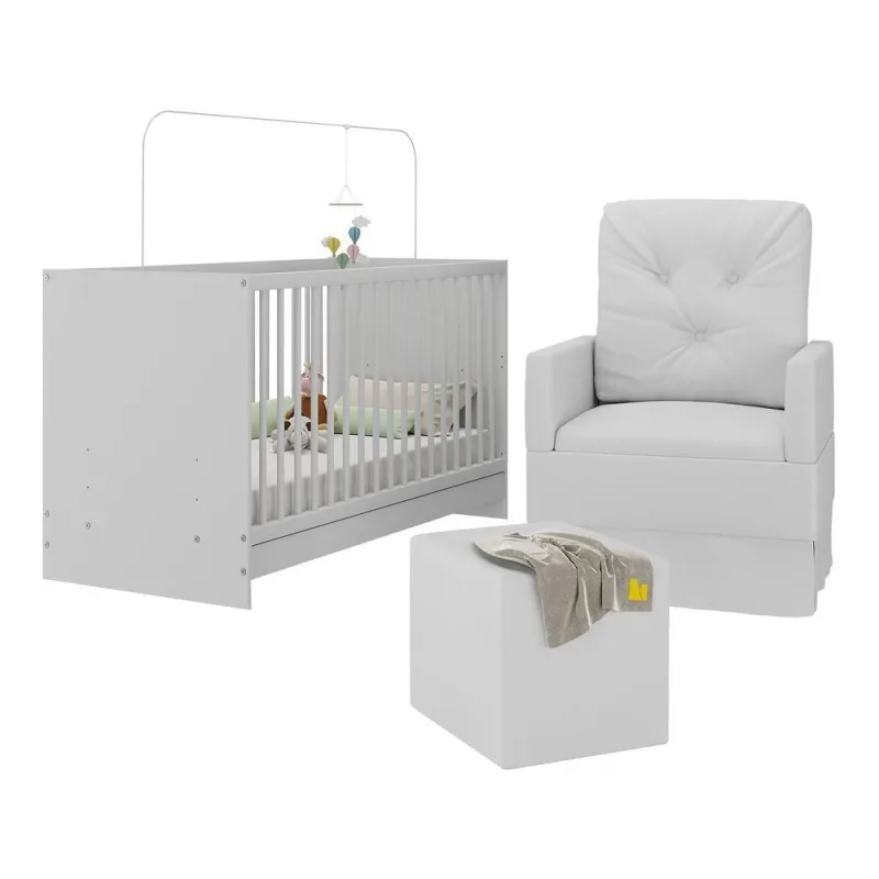 Berço 3 Em 1 Com Colchão Poltrona Amamentação E Puff Multimóveis Mp4151 Branco Branco - OUTRAS - Móveis