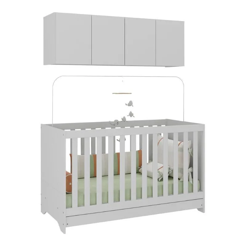 Berço 3 Em 1 Com Colchão E Armário Aéreo 4 Portas Multimóveis Mp4158 Branco Branco - Multimóveis