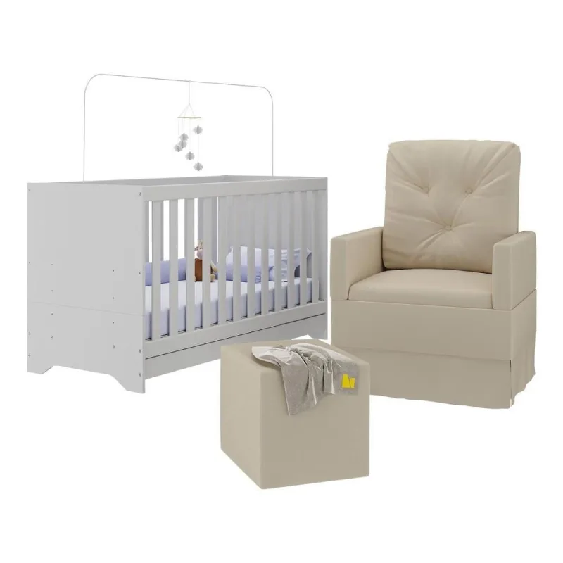 Berço Multifuncional 3 em 1 Mp4160 em MDP com Colchão Incluso Branco com Poltrona e Puff - OUTRAS