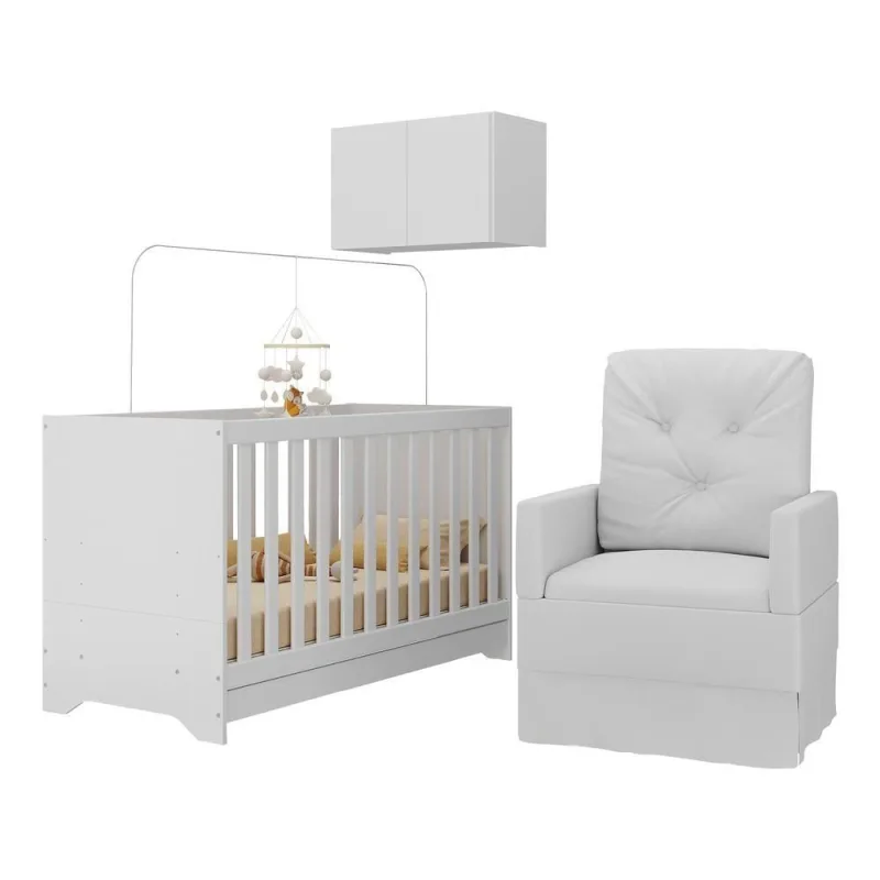 Berço Multifuncional Mp4165 3 em 1 em MDP com Colchão e Armário Aéreo 2 Portas Branco - OUTRAS