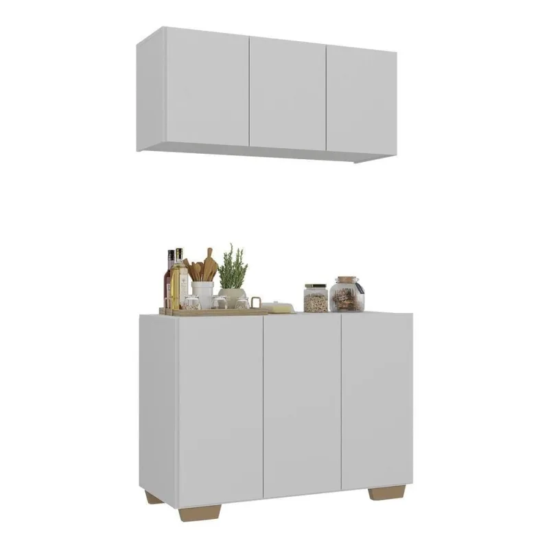 Kit Armário Cozinha Aéreo Balcão 3 Portas Mp2169 Branco/natural - OUTRAS - Agro