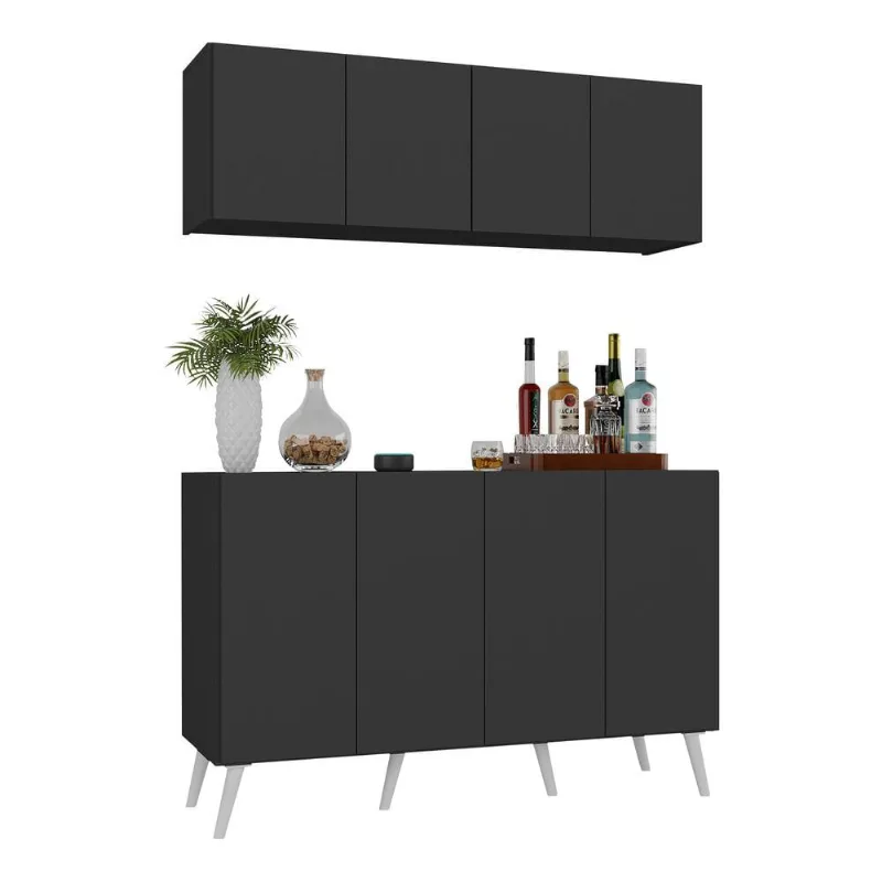 Kit Bar Armário Aéreo e Aparador 4 Portas Retrô Multimóveis MP1086