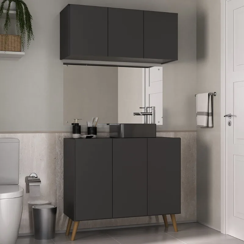 Conjunto Gabinete de Banheiro e Armário Aéreo 3 Portas Retrô Multimóveis MP5055 Preto/Natural - Multimóveis