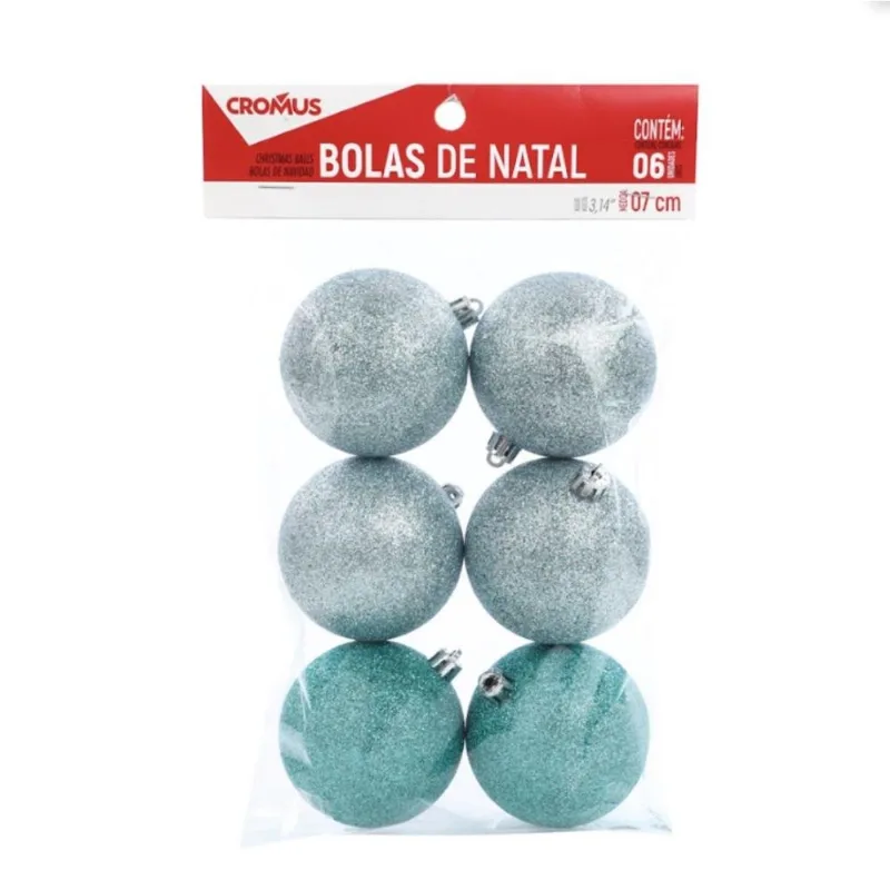 Bola Natalina Cromus Glitter 7cm Azul Com 6 Unidades (MP)
