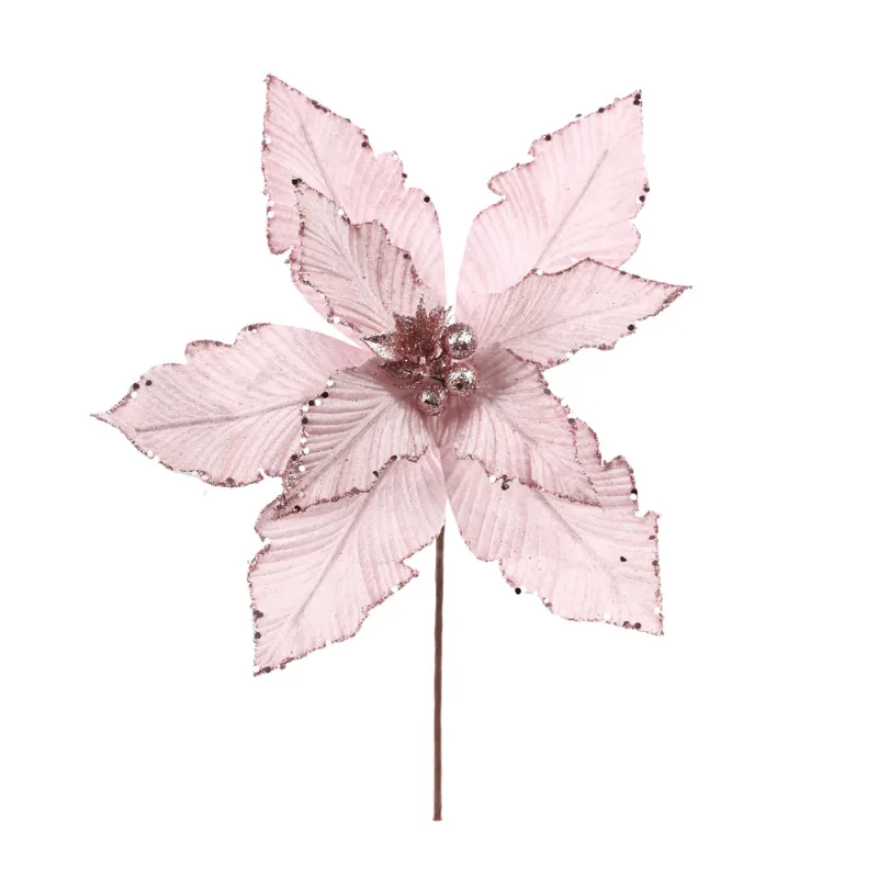 Flor Poinsetia Rosa Com Glitter 30cm