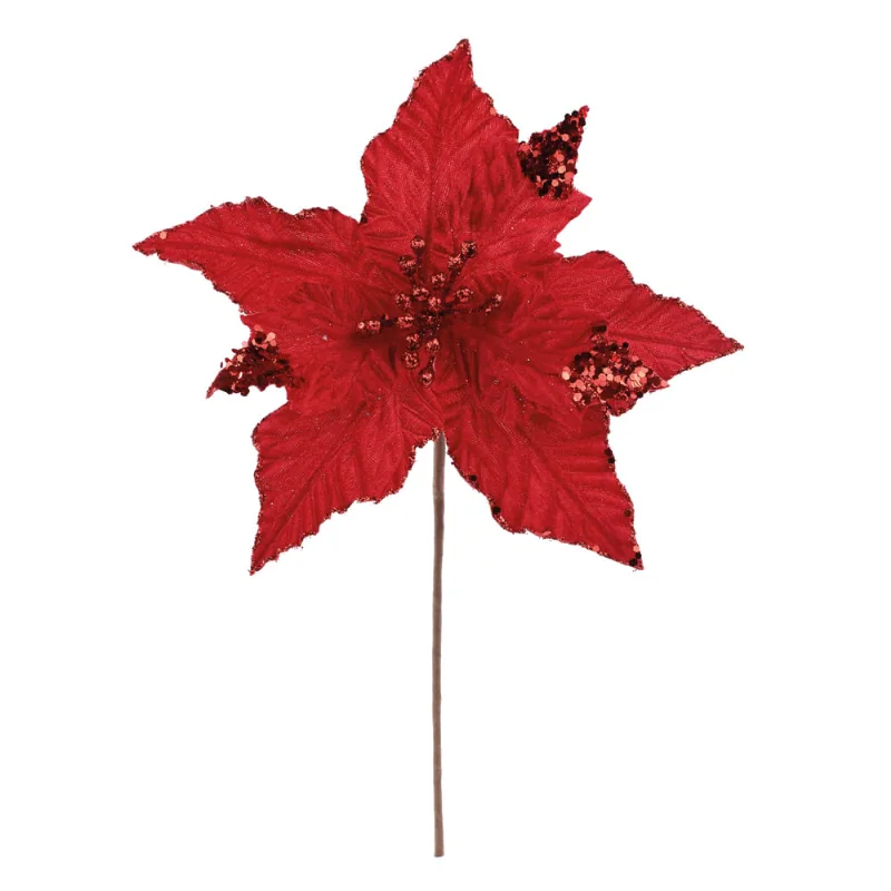 Flor Poinsetia Vermelha Com Glitter 23cm