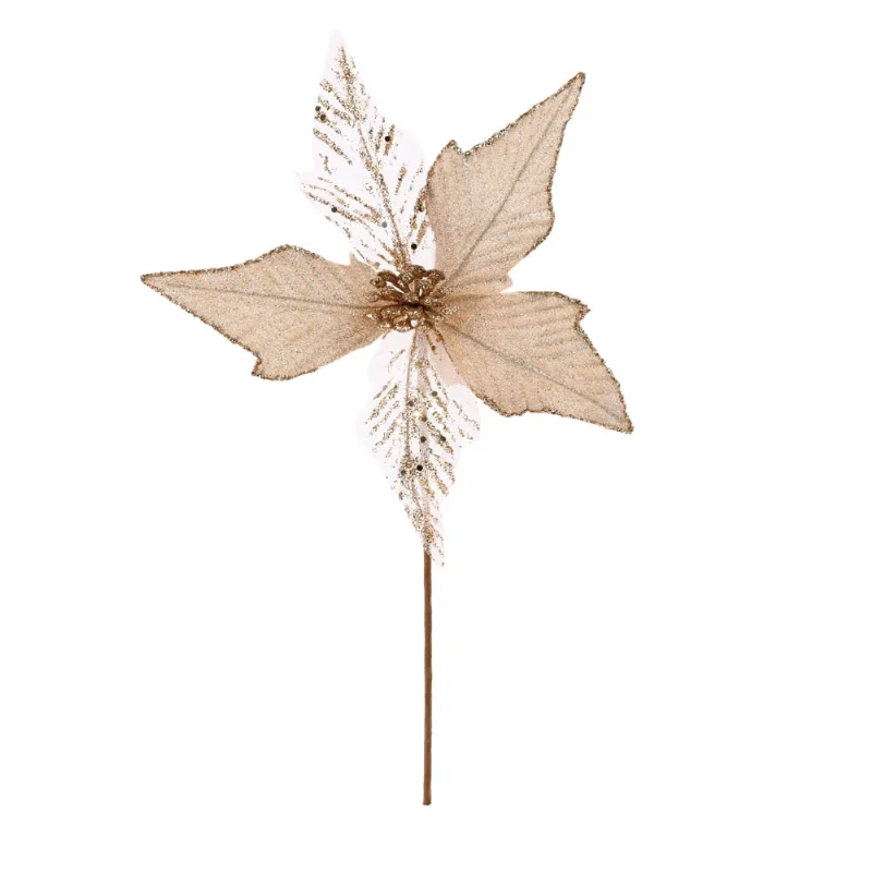 Flor Poinsetia Champanhe Com Glitter 27cm
