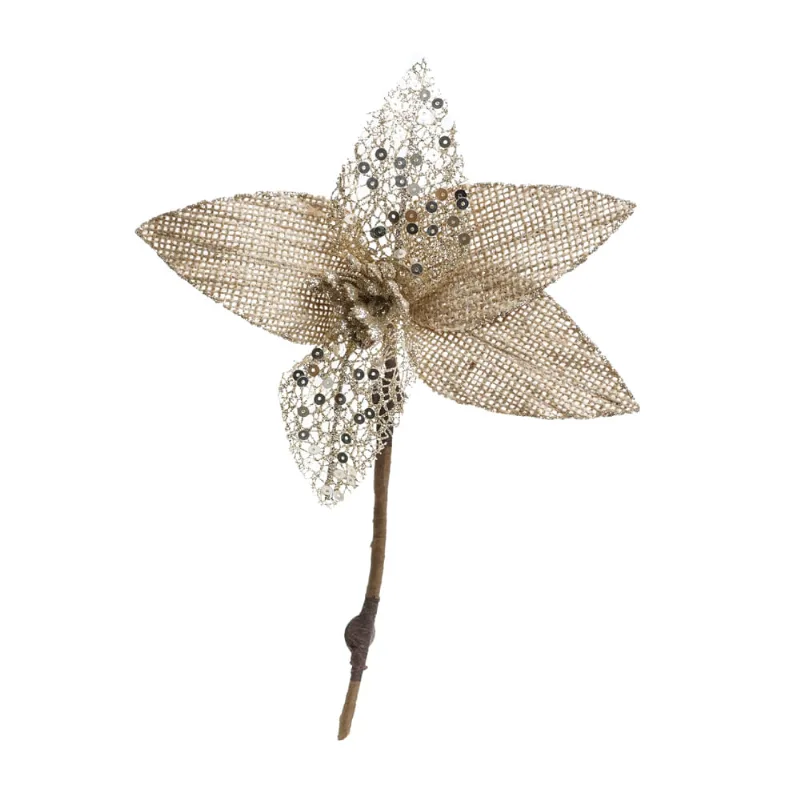 Flor Poinsetia Champanhe Com Glitter e Paete 30cm