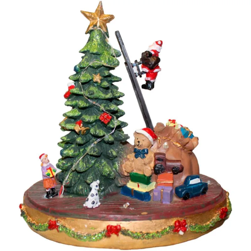 Vila Natalina Cenário Papai Noel Sobe e Desce a Escada da Arvore de Natal Com Crianças Presentes e Luzes LED Decoração Luxo