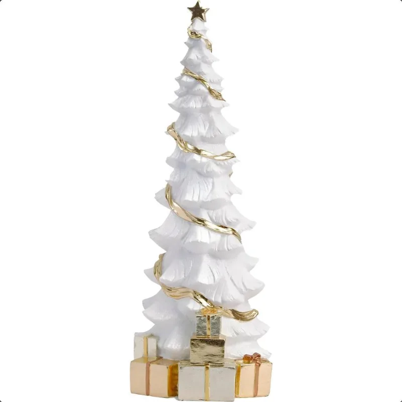 Mini Árvore de Natal Branca com Estrela Dourada Enfeite de Luxo em Resina 39,5 cm