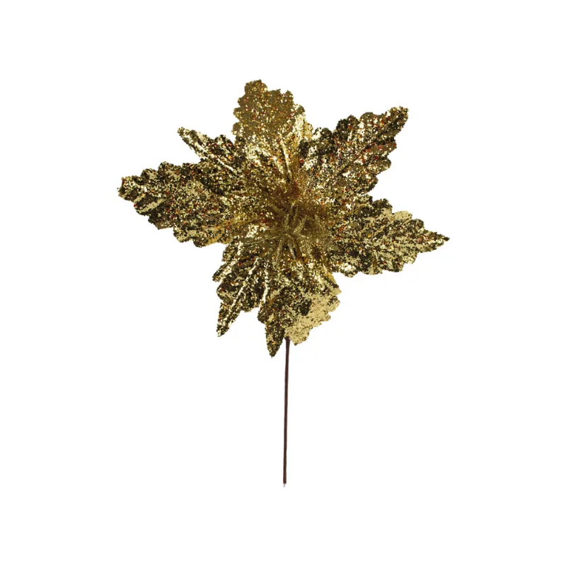 Flor Poinsetia Com Glitter Ouro 30cm