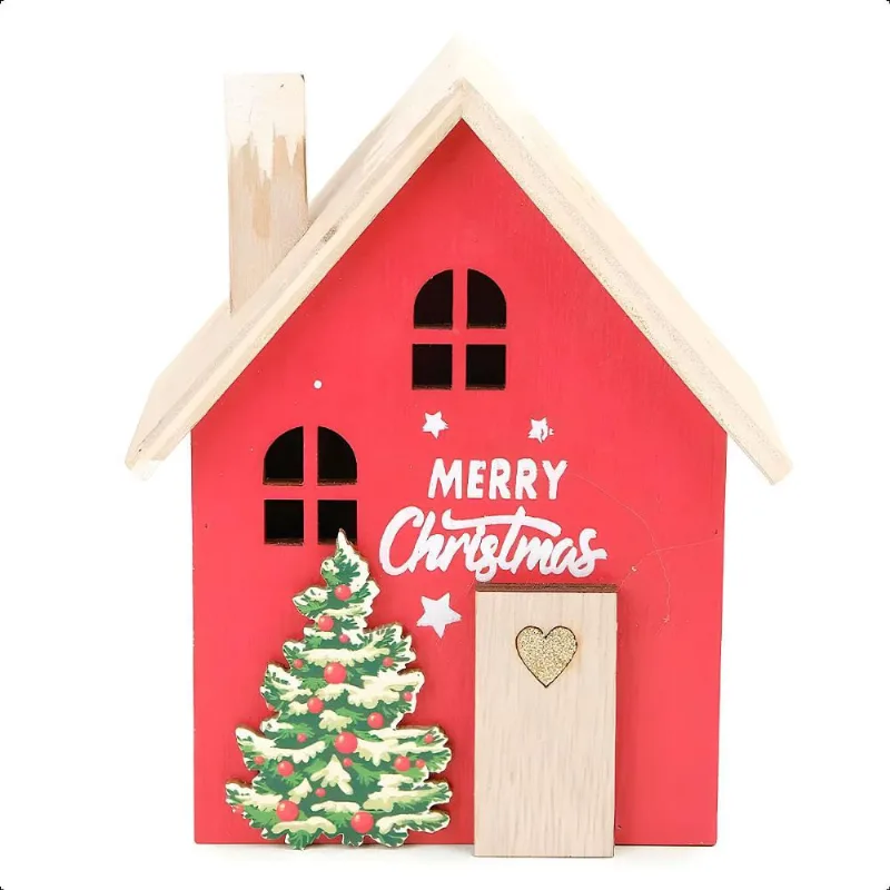 Decoração Natalina Casinha de Natal em Madeira mdf com Neve e Chaminé Vila Vilarejo Cenario