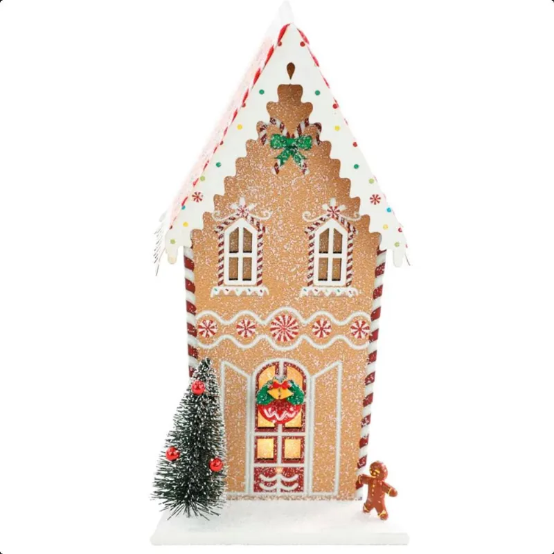Casinha de Gengibre pra Comprar de Luxo 22 cm Iluminada com Led Decoração de Natal com Árvore e Biscoito Vila Natalina em Miniatura