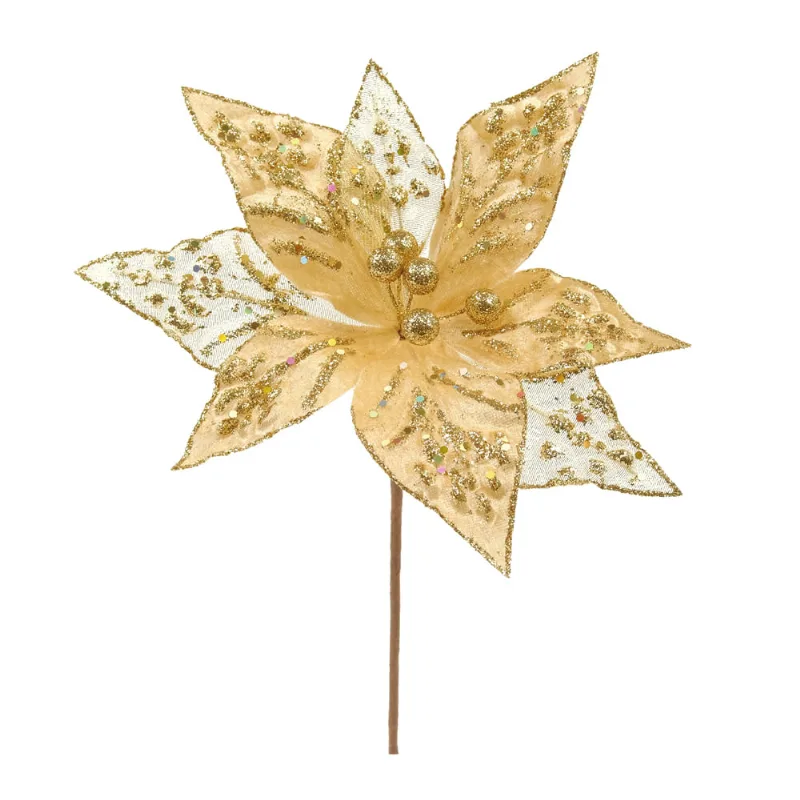 Flor Poinsetia Com Glitter Ouro 25cm