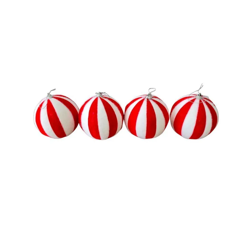 Bolas De Natal Listradas Kit 4 Peças 10cm Em Eps Pelúcia E Veludo Branco Vermelho Cromus
