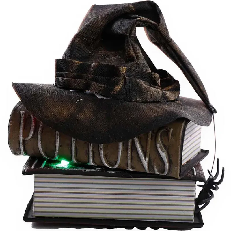 Enfeite Halloween de Terror Decoracao Gotica Livros e Chapeu de Bruxa Feiticeira Mesa Estante e Casa com Som e Luz