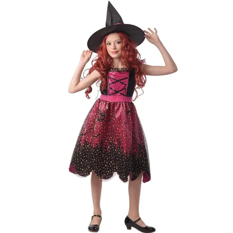 Fantasia Halloween Bruxa Infantil Feminina Cosplay Vestido Brilhante e Chapeu de Bruxinha de Luxo