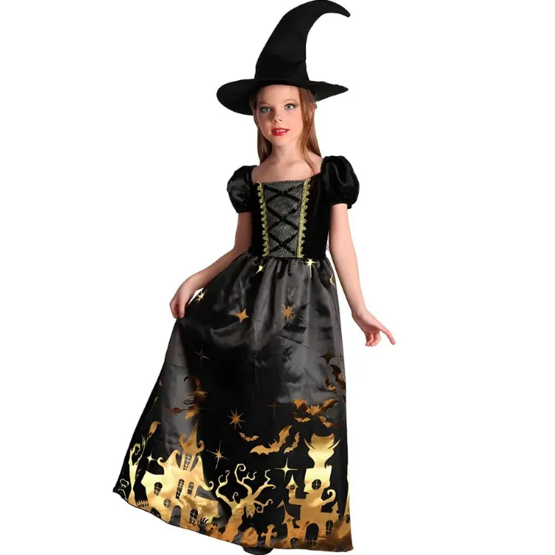 Fantasia Halloween Bruxa Infantil Gótico Vestido Longo de Luxo Com Chapéu Preto