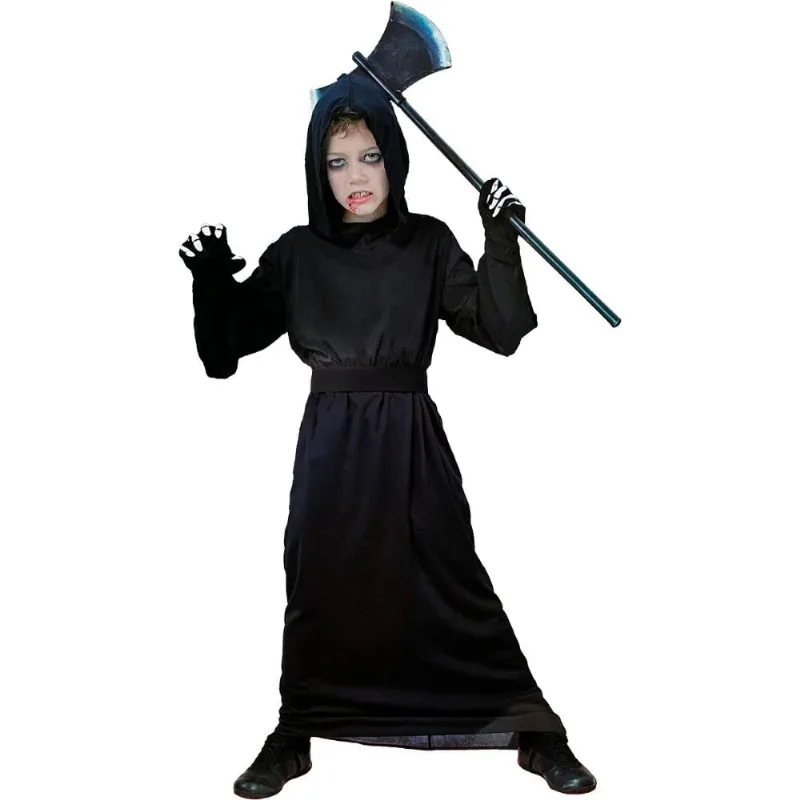 Fantasia Morte Infantil de Halloween Túnica Preta Com Capuz e Cinto Preto