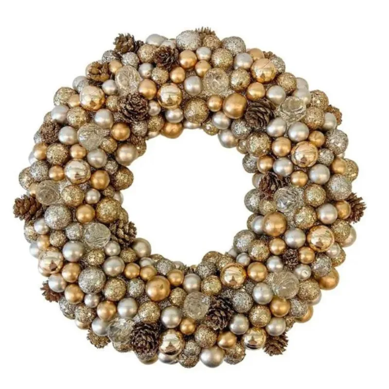 Decoração Natal de Porta Guirlanda Grande de Luxo Natalina 33cm com Bolinhas Douradas Brilhantes e Pinhas
