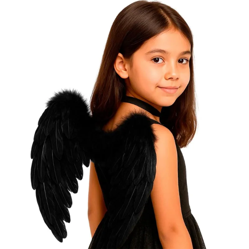Asa de Anjo Preta Infantil com Penas para Fantasia de Halloween e Carnaval Preto