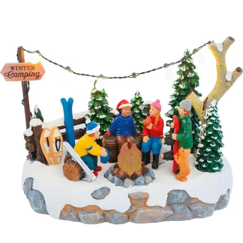 Decoração Natal de Luxo Vila Natalina Cenário em Miniantura Acampamento Amigos na Fogueira Iluminada